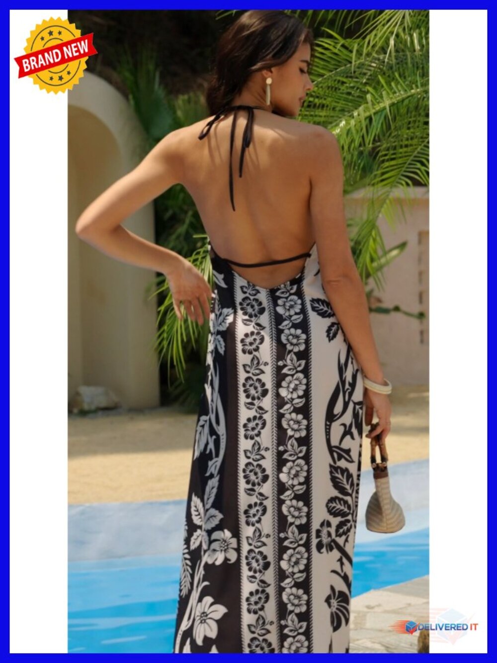Women's Floral Halter Maxi Dress Open Back Empire Waist Boho - Picture 5 of 5